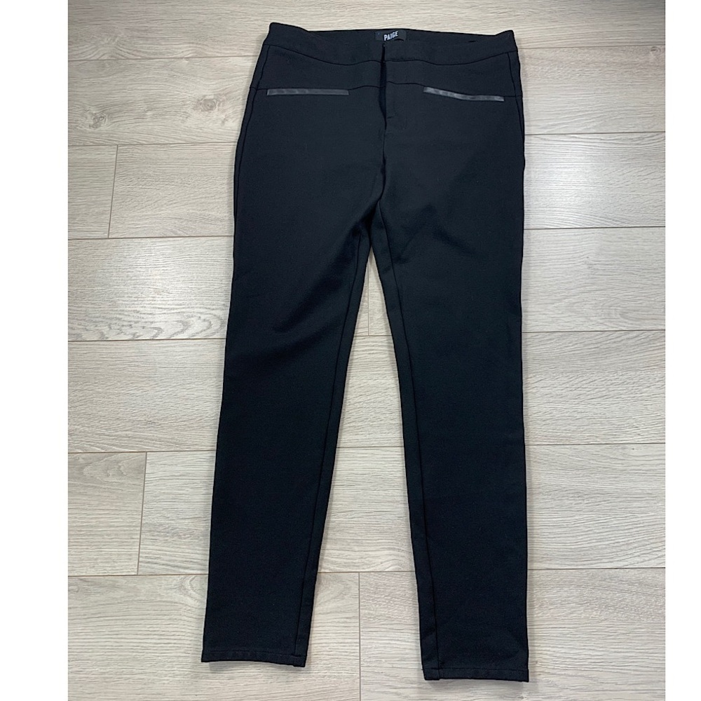 PAIGE Black Rosalind Ponte Knit Stretch Pants w/ Faux Leather Trim Pockets - Picture 2 of 12